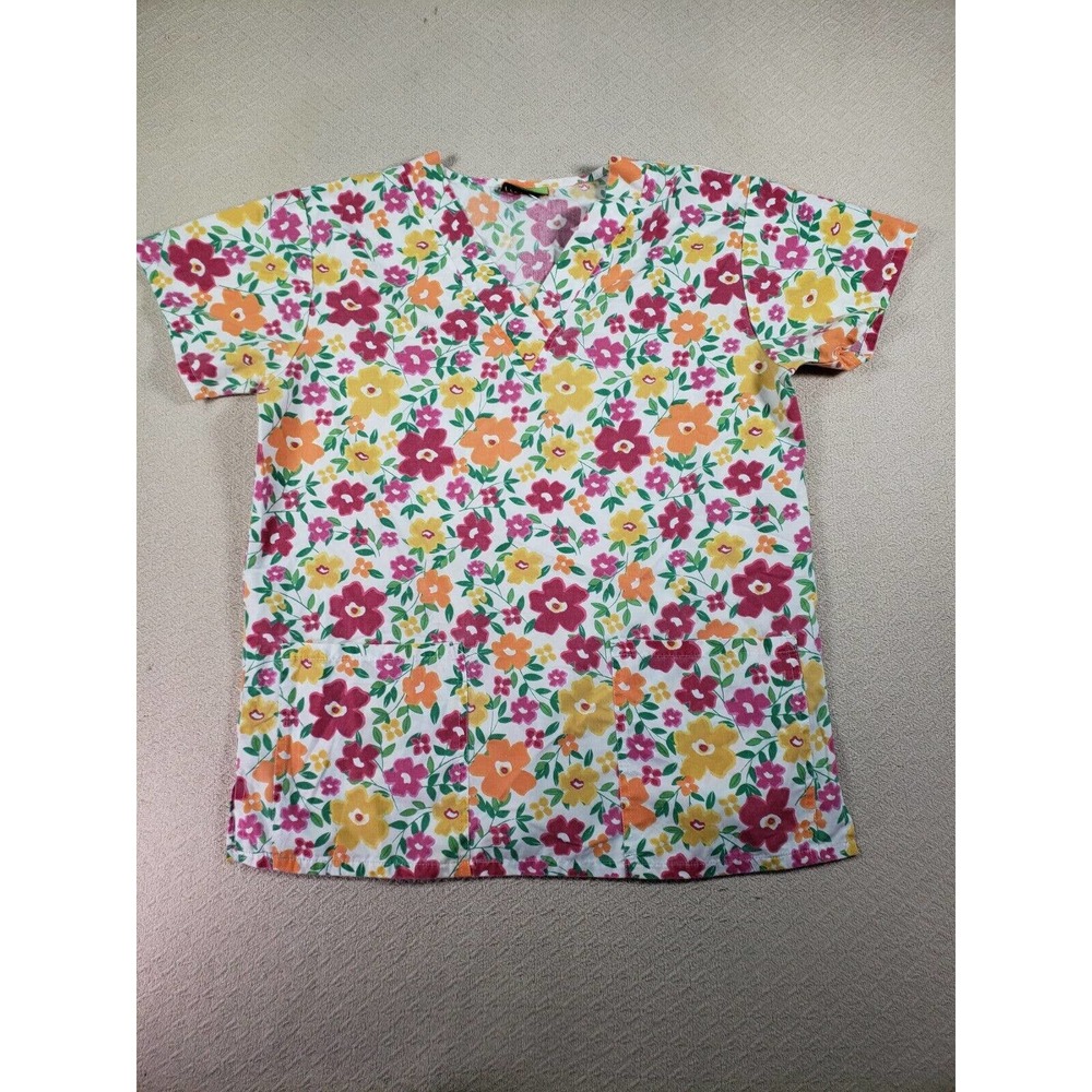 Pro Active Shirt Womens Medium‎ Multi-Color Short Sleeve V-Neck Floral Scrub Top